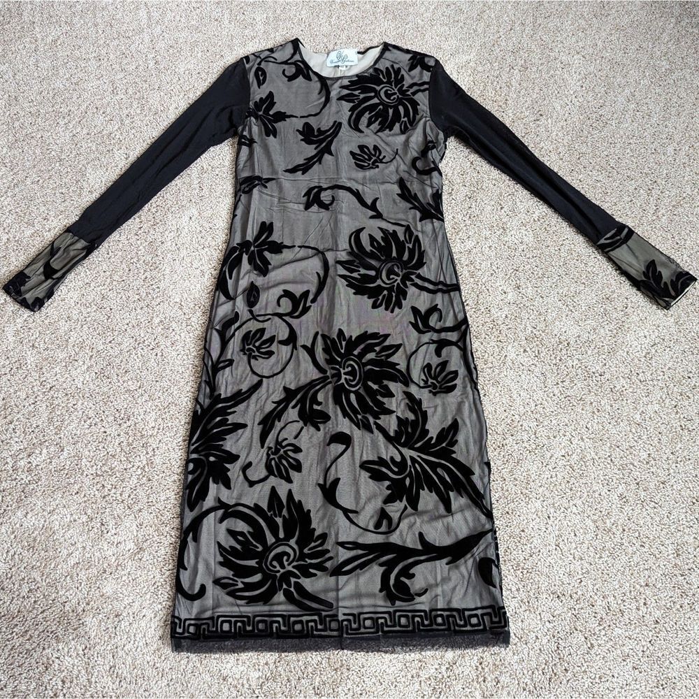 🇺🇸 Viviana Gabeiras Sheer Black Velvet Burnout Floral LS Bodycon Midi Dress